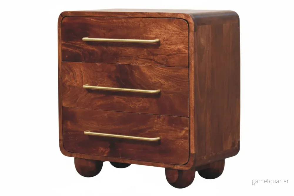 Rundat sängbord med 3 lådor | Massivt mangoträ, Winewood Oak - Bild 3