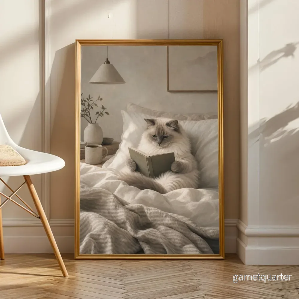 Ragdollkatt läser i sängen affisch | Modern Gouache Katt Väggkonst