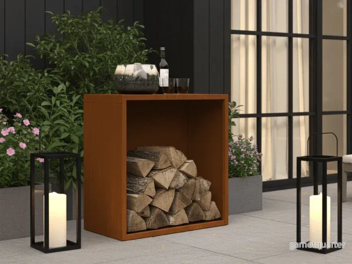 Vedförvaring i cortenstål CUBY – 80 × 40 × 80 cm