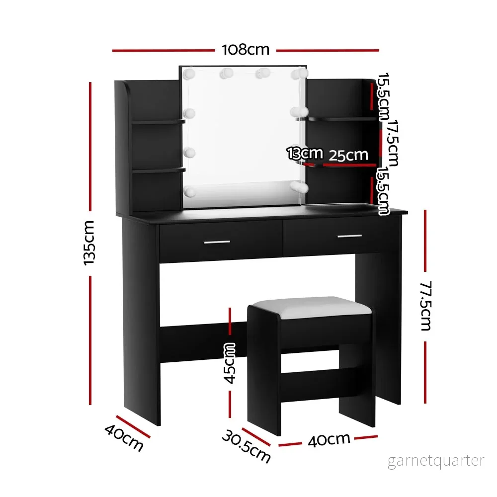 Sminkbord med LED-spegel och pall – svart - Bild 2