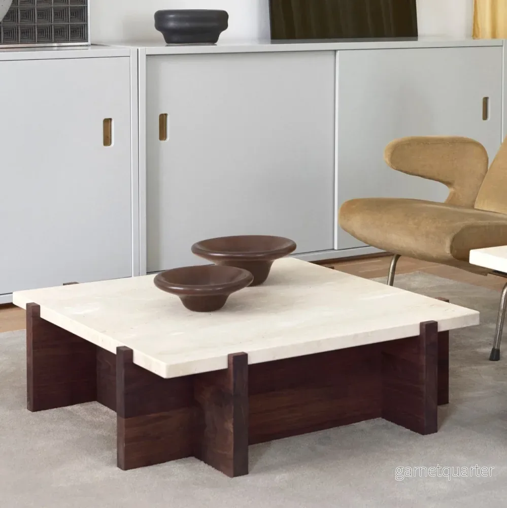 PS Bespoke Coffee Table in Travertine and Walnut PS Bespoke Coffee Table in Travertine and Walnut