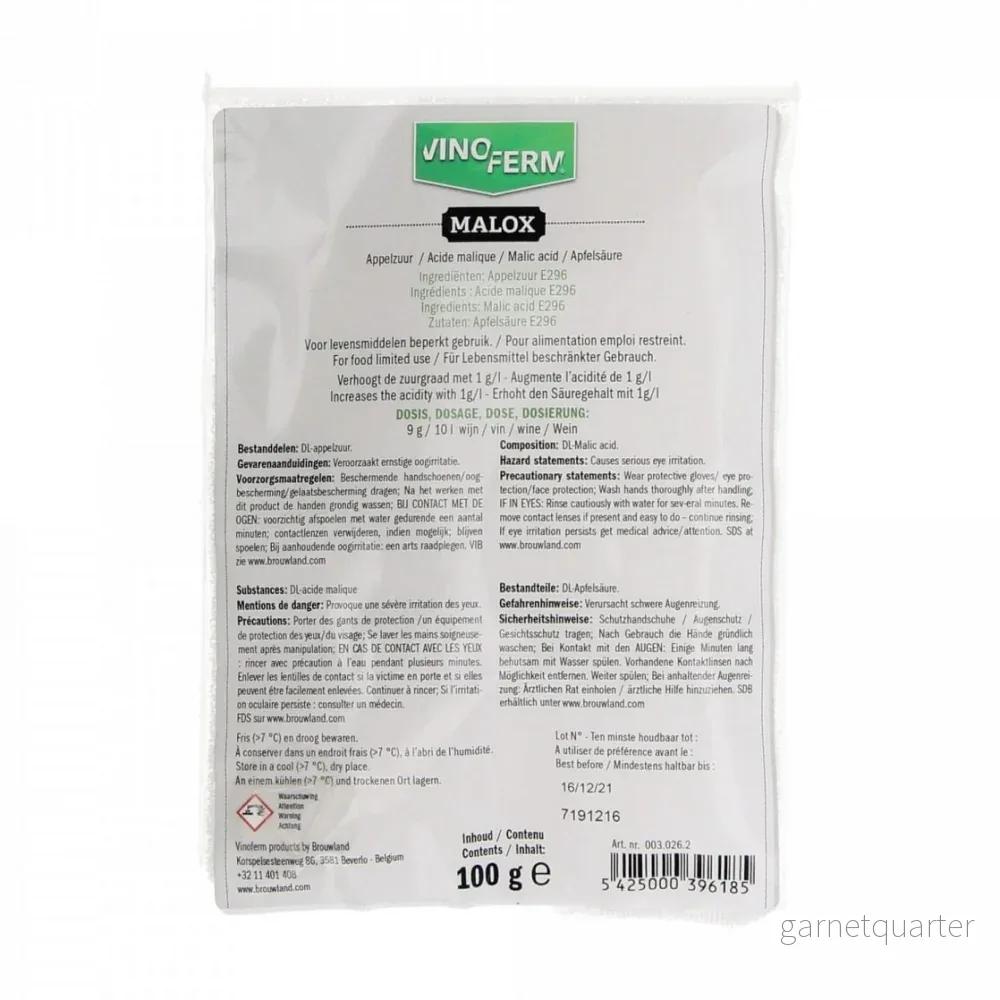 Vinoferm Malox – Malic Acid 100g (Äppelsyra) Vinoferm Malox – Malic Acid 100g (Äppelsyra)