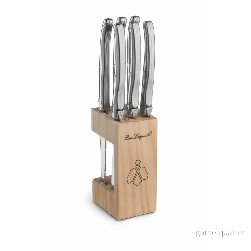 Lou Laguiole Grillknivar i Träblock Tradition 6-pack