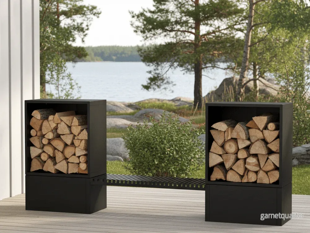 Vedförvaring i svartlackerat stål – 284,5 × 40 x 120 cm