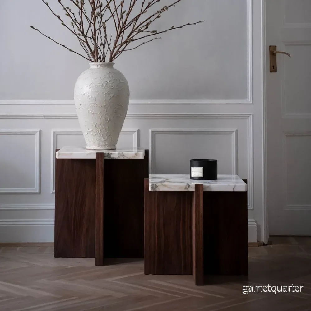 PS Bespoke Side Table in Calacatta and Walnut