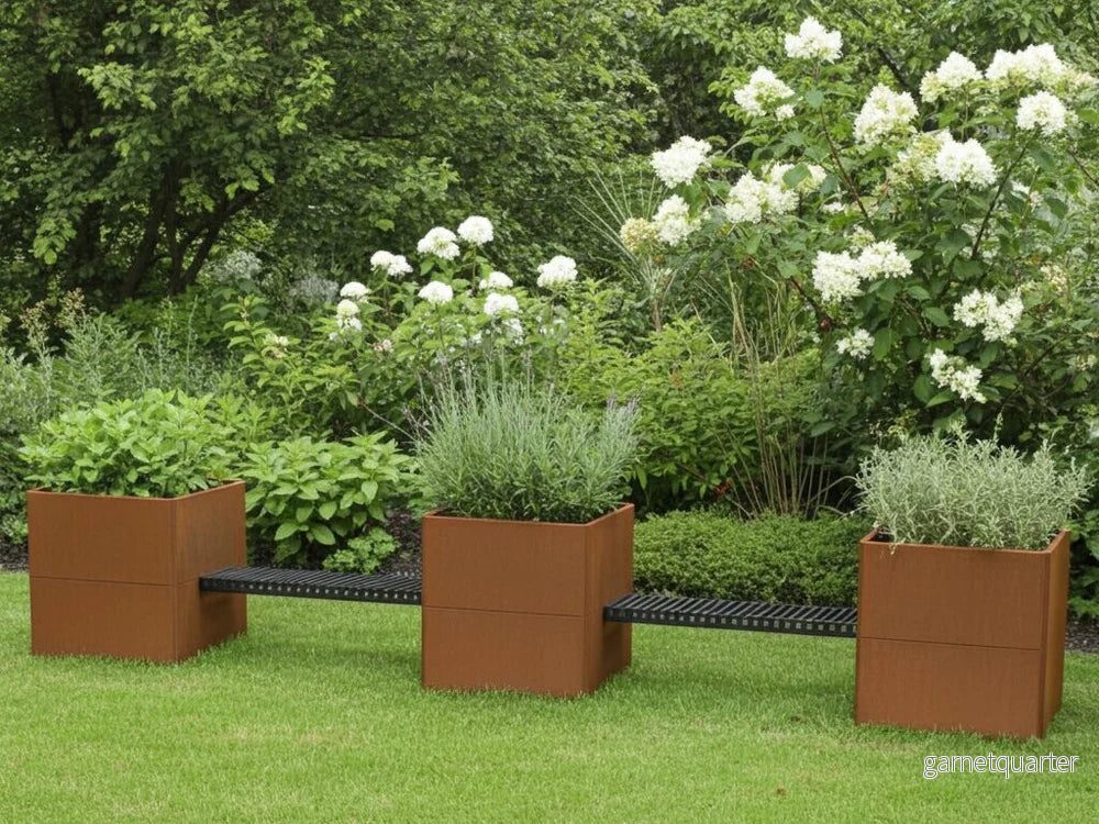 Blomlåda i cortenstål EDGY – 3 st. 80 × 80 × 80 cm med 2 bänkar - Bild 3