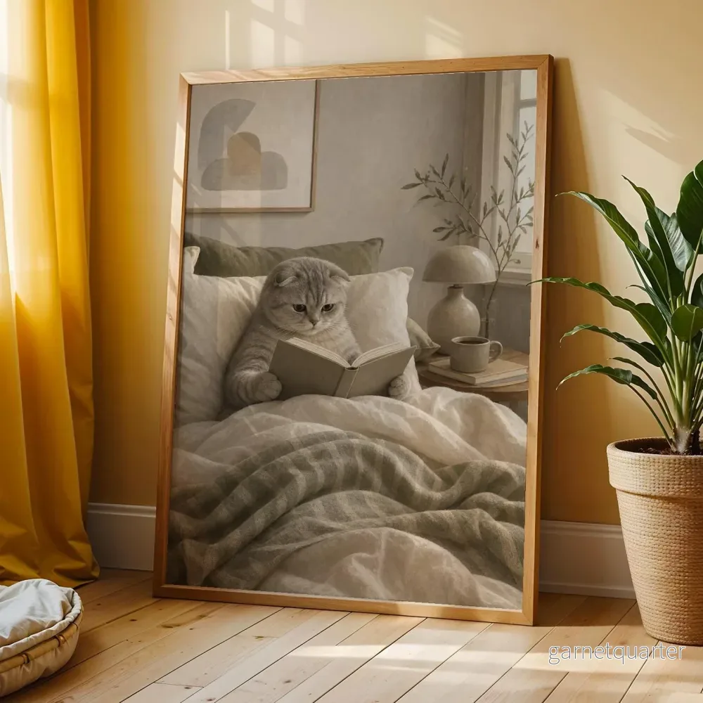Scottish Foldkatt läser i sängen affisch | Modern Gouache Katt Väggkonst - Bild 2