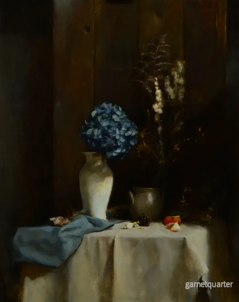 G.C. Pettersen – Stilleben med blå hortensia og appelsinbåter G.C. Pettersen – Stilleben med blå hortensia og appelsinbåter