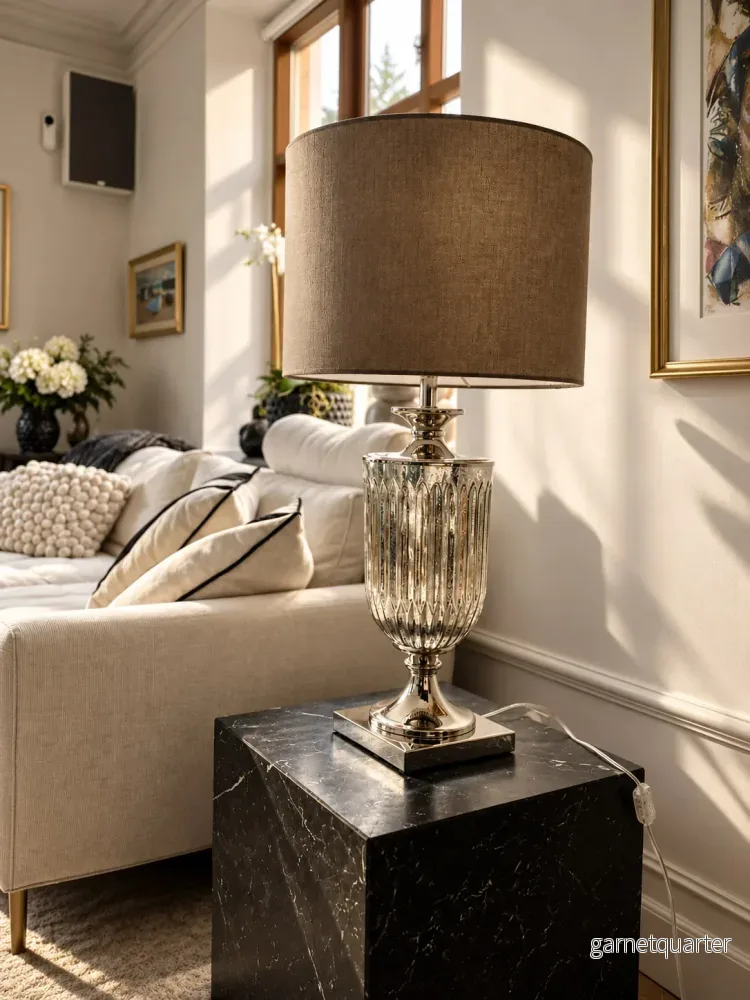 Antikglasurna Bordslampa med Taupe Skärm – Elegant Bordslampa i Vintage Stil