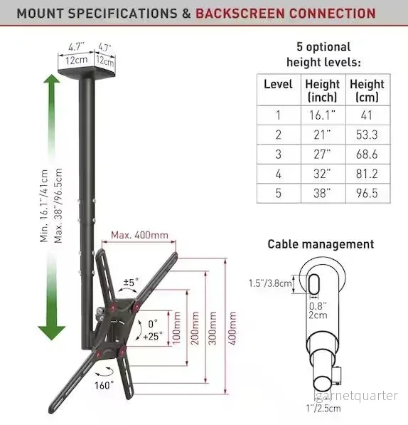 Barkan Mounts Svart Takfäste 29 - 65 tum | Högsta justerbara | Vrid- och tiltbart | VESA 400x400 - Bild 3