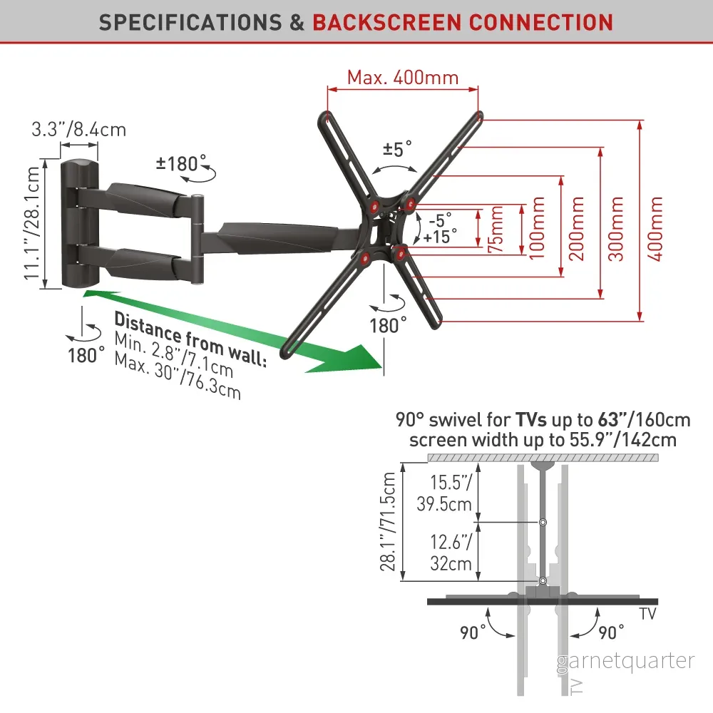 Barkan Mounts Extra lång TV-väggfäste 13 - 65 tum | Max. 36 kg | VESA 400x400 - Bild 3