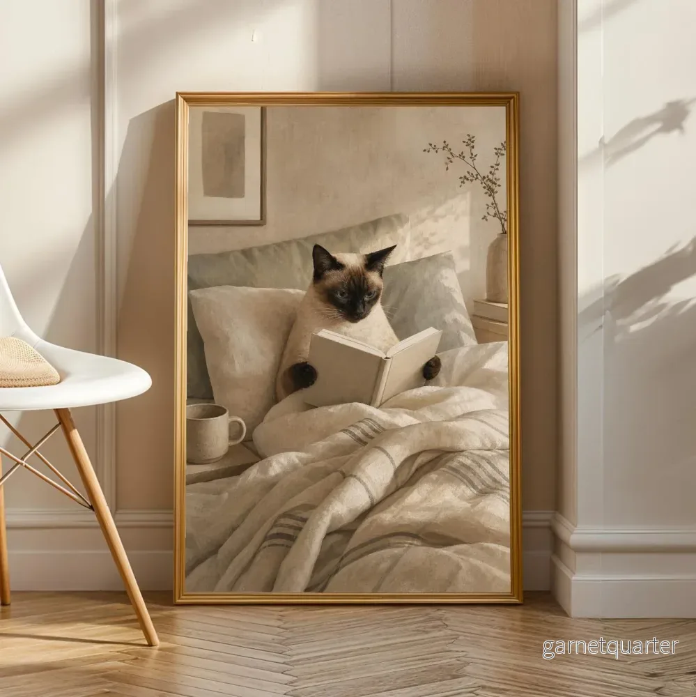 Siamesisk katt som läser i sängen affisch | Skandinavisk gouache konst med kattmotiv Siamesisk katt som läser i sängen affisch | Skandinavisk gouache konst med kattmotiv
