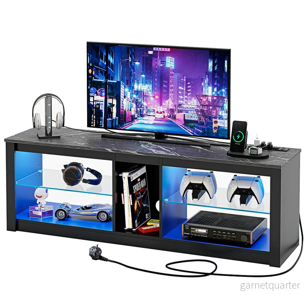 TV-bänk med LED-belysning – Förvaring, inbyggda uttag & USB - Bild 2
