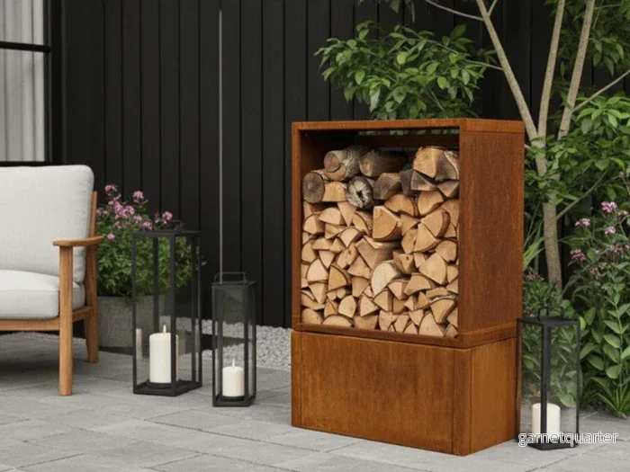 Vedförvaring i cortenstål CUBY – 80 × 40 × 120 cm Vedförvaring i cortenstål CUBY – 80 × 40 × 120 cm
