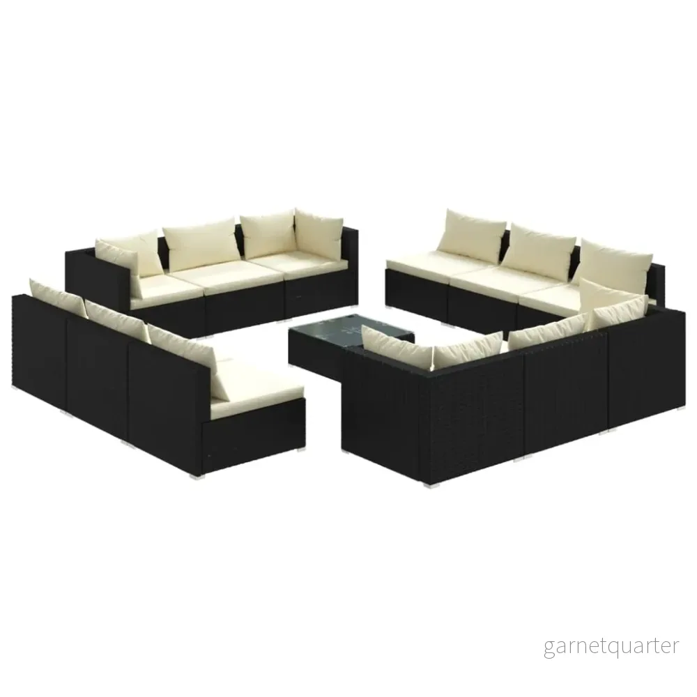 NNEVL 13-delars loungeset med dynor – Svart polyrattan/crème - Bild 2