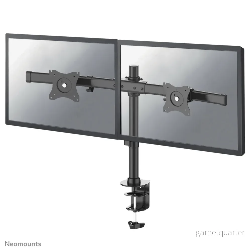 Neomounts FPMA-DCB100D svart är ett korsarmstativ för skrivbord för 2 platta skärmar upp till 27 tum (69 cm).