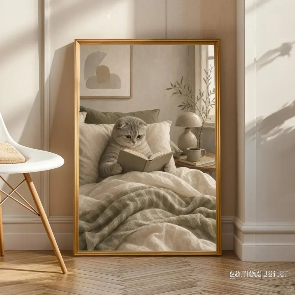 Scottish Foldkatt läser i sängen affisch | Modern Gouache Katt Väggkonst Scottish Foldkatt läser i sängen affisch | Modern Gouache Katt Väggkonst