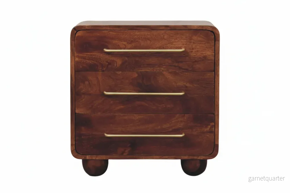 Rundat sängbord med 3 lådor | Massivt mangoträ, Winewood Oak - Bild 2