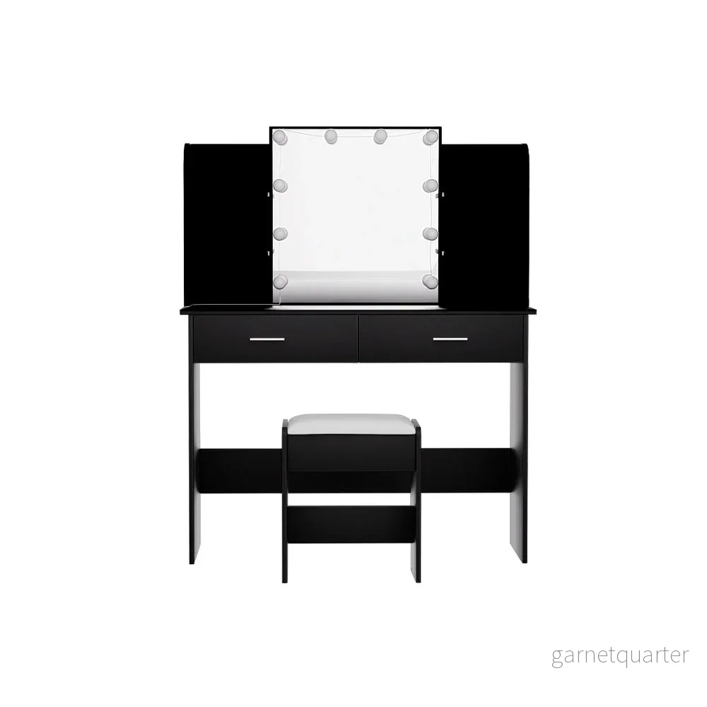 Sminkbord med LED-spegel och pall – svart - Bild 3