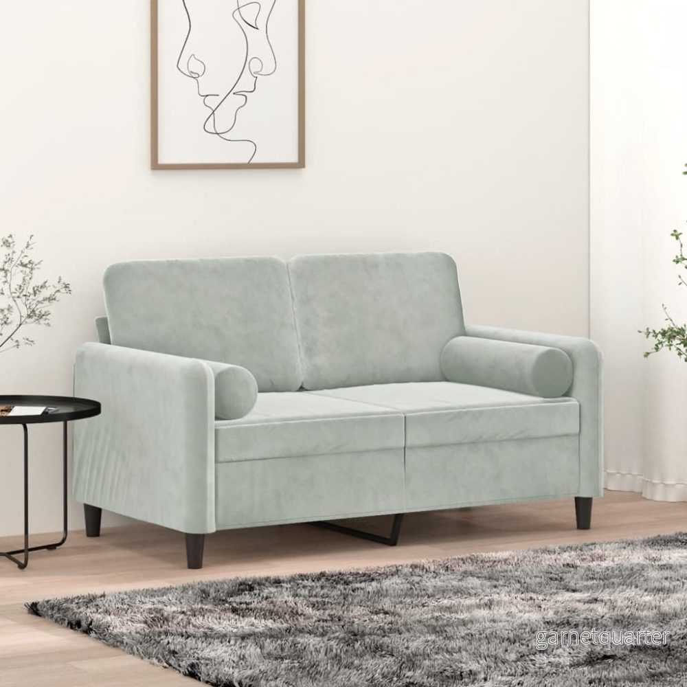 NNEVL 2-sits soffa med prydnadskuddar – Ljusgrå sammet, 120 cm sittyta