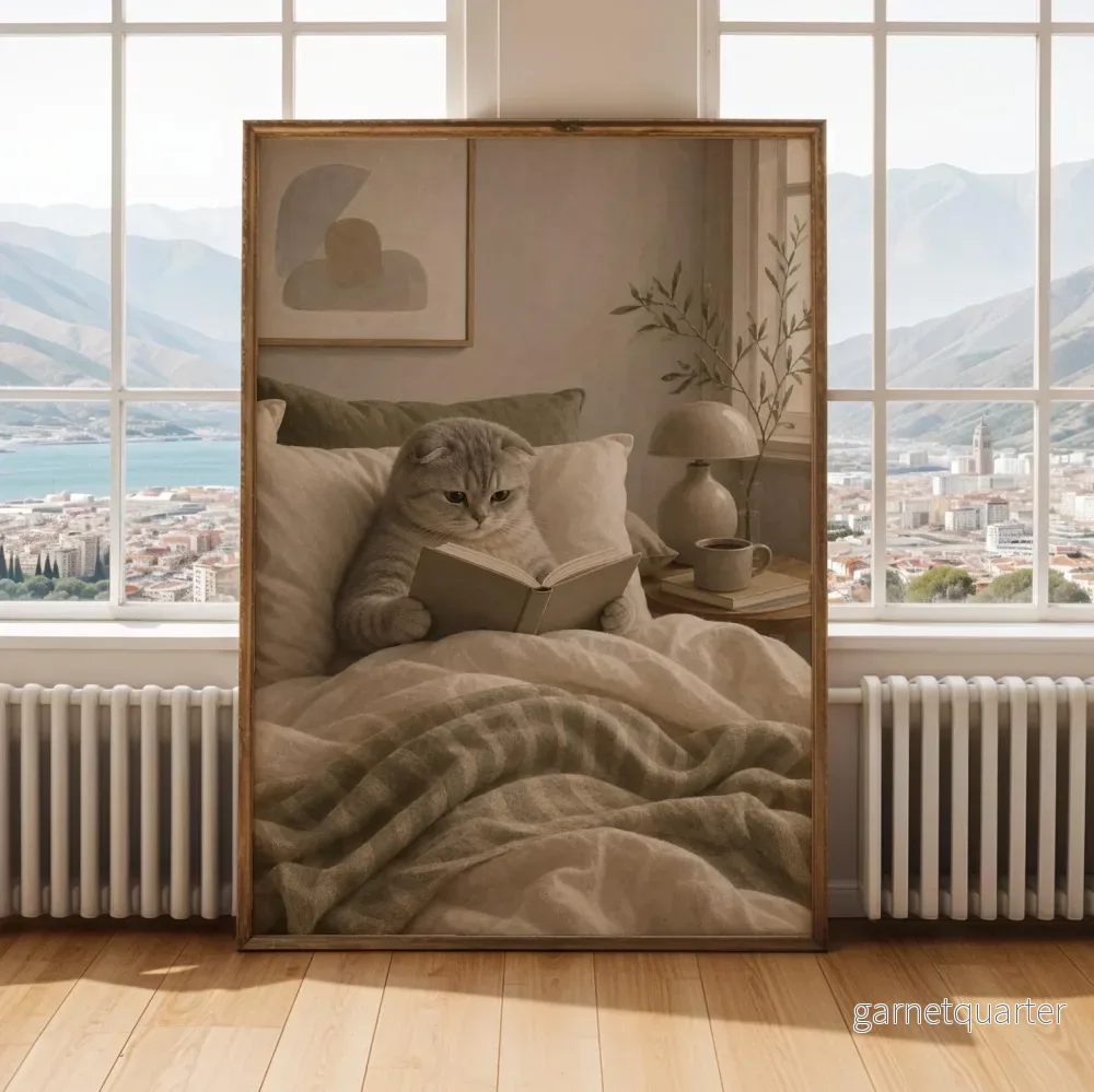 Scottish Foldkatt läser i sängen affisch | Modern Gouache Katt Väggkonst - Bild 3