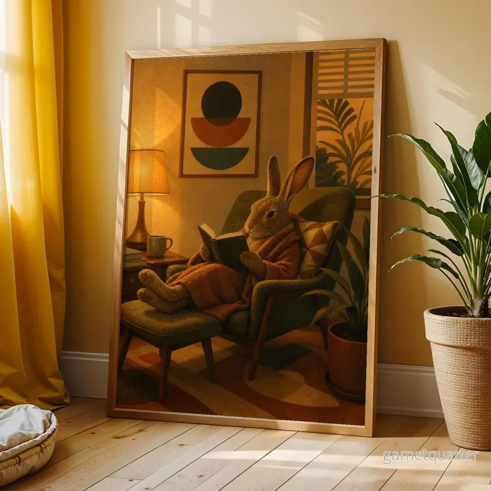 Havana Kanin Läser i Fåtölj Poster | Retro Modern Kaninväggkonst - Bild 3