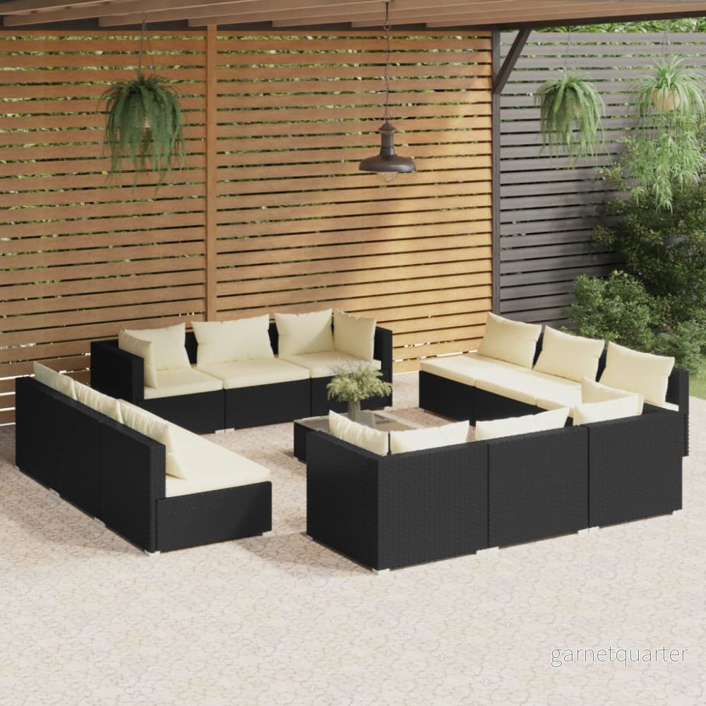 NNEVL 13-delars loungeset med dynor – Svart polyrattan/crème